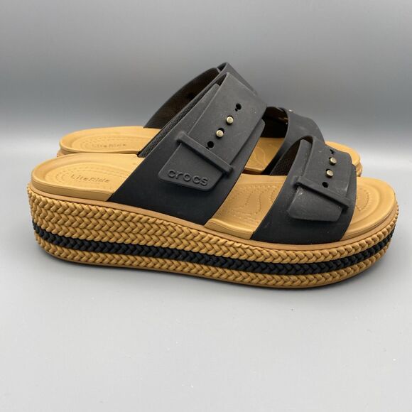 Crocs LiteRide Shoes Black Tan Strap Brooklyn Mid Platform Wedge Sandals 7 - Picture 1 of 13